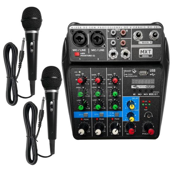 Imagem de Kit 2 Microfones + Mesa De Som Mixer 4 Canais Bluetooth Mxt Mx-4bt