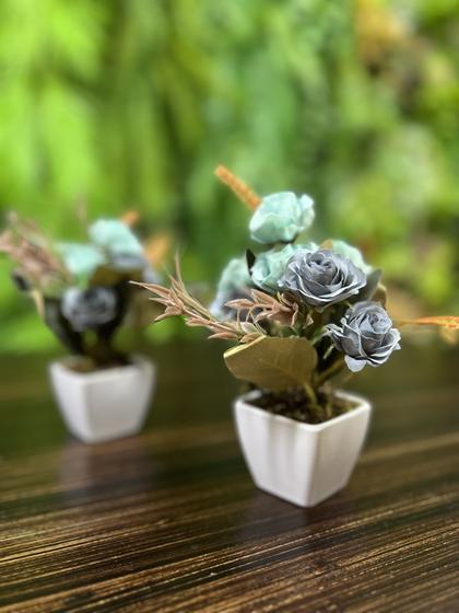 Imagem de Kit 2 mini arranjos de flores artificiais rosa Azul Turquesa decoração lembrancinhas jardim
