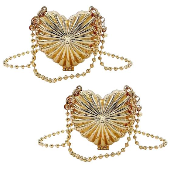 Imagem de kit 2 mini bolsa feminina luxo bolsinha transversal coração e concha dourada prateada estilosa