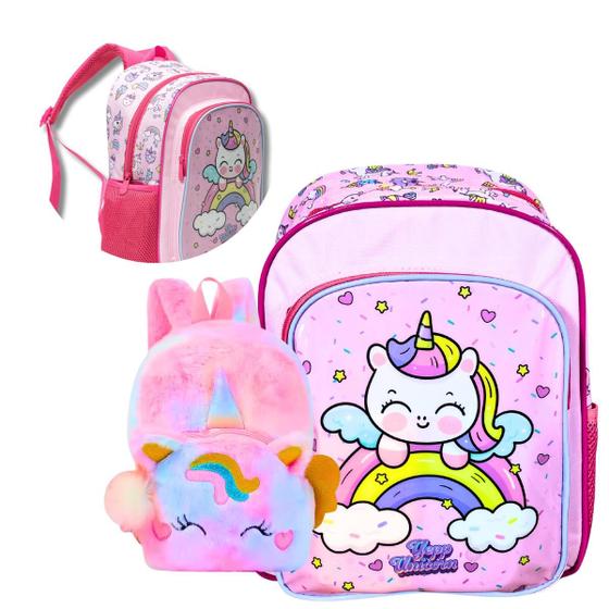 Imagem de Kit 2 Mochilas Escolar e Passeio Unicórnio Infantil Pequena