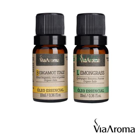 Imagem de Kit 2 Óleos Essenciais Via Aroma Bergamota E Capim Limão Para Aromaterapia Puros E Naturais