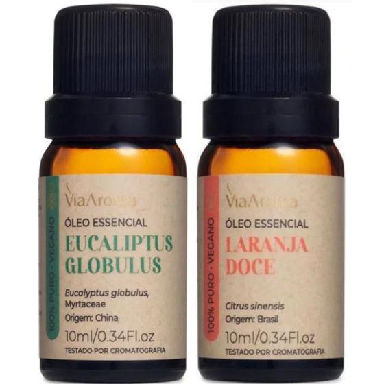 Imagem de Kit 2 Óleos Essenciais Via Aroma Laranja Doce e Eucalipto Para Aromaterapia 10 Ml