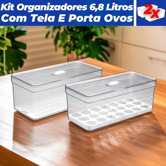 Imagem de Kit 2 Organizadores De Geladeira Com Porta Ovos E Porta Legumes 6,8 Litros Translúcido acrílico