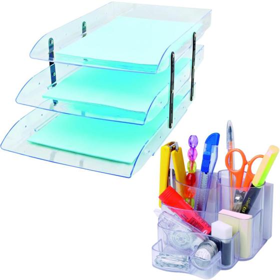 Imagem de Kit 2 Organizadores de Mesa Porta Caneta Clips Papel 3 Bandejas Cristal - Dello