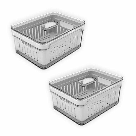 Kit 2 Organizadores Geladeira 2,2 Litros OU Alimentos Vegetais Com Tampa Cesto Drenável Removível Válvula Ventilação Imagem de Kit 2 Organizadores Geladeira 2,2 Litros OU Alimentos Vegetais Com Tampa Cesto Drenável Removível Válvula Ventilação