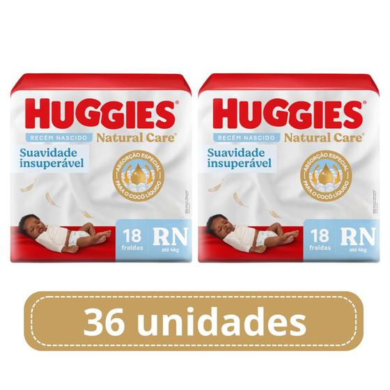 Kit 2 Pacotes Fralda Descartável Huggies Natural Care tamanho RN - 36 unidades Imagem de Kit 2 Pacotes Fralda Descartável Huggies Natural Care tamanho RN - 36 unidades
