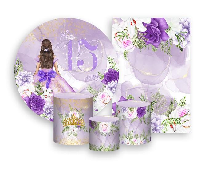 Imagem de Kit 2 Painéis De Festa + Trio De Capas Cilindro - 15 Anos Princesa Lilás 050