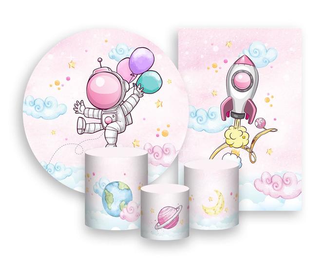 Imagem de Kit 2 Painéis De Festa + Trio De Capas Cilindro - Astronauta Balões Rosa Cute 004