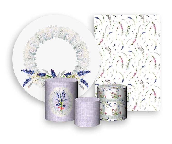 Imagem de Kit 2 Painéis De Festa + Trio De Capas Cilindro - Babado Flor Lavanda Elegante 004