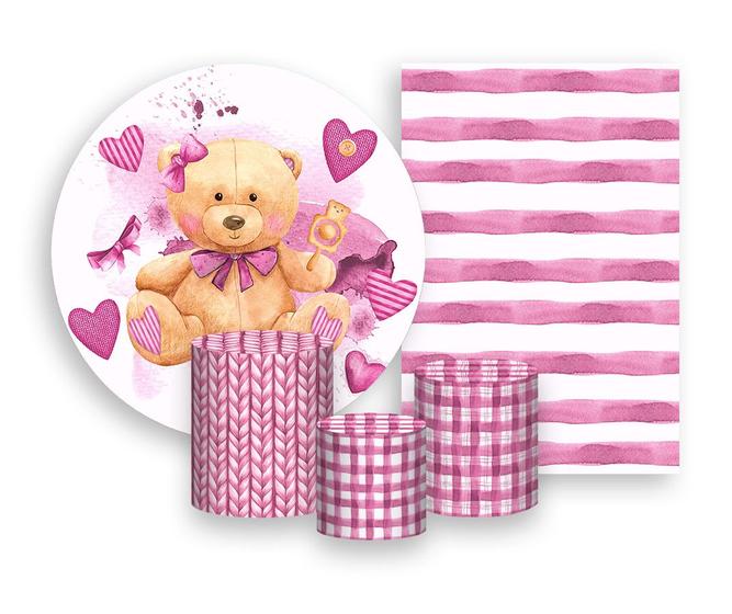 Imagem de Kit 2 Painéis De Festa + Trio De Capas Cilindro - Chá de Bebê Ursinha Listras Rosa 008