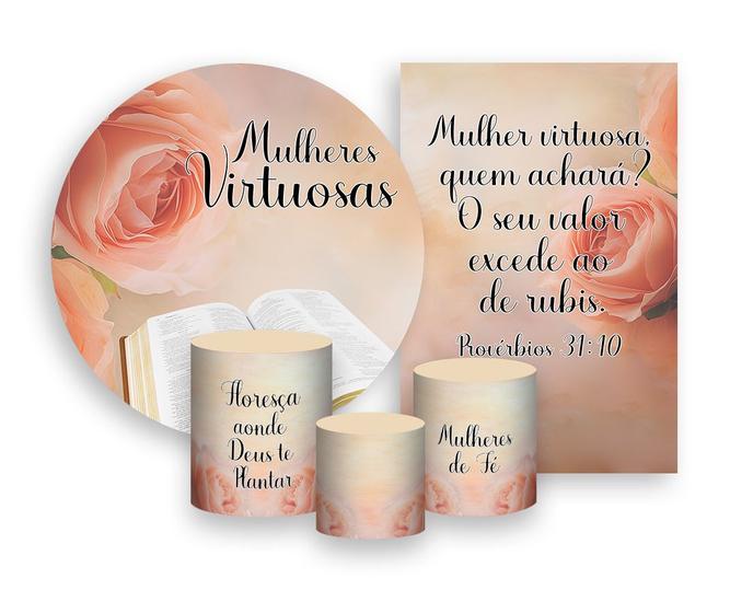 Imagem de Kit 2 Painéis De Festa + Trio De Capas Cilindro - Culto de Mulheres Virtuosas Bíblia 014