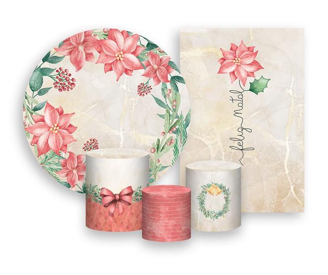 Imagem de Kit 2 Painéis De Festa + Trio De Capas Cilindro - Feliz Natal Floral Rosa 014