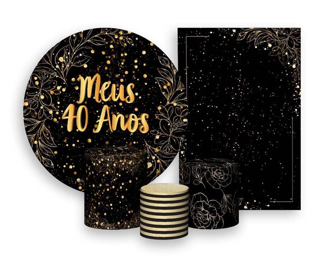 Imagem de Kit 2 Painéis De Festa + Trio De Capas Cilindro - Folhagens Efeito Brilhos Meus 40 Anos Dourado 032