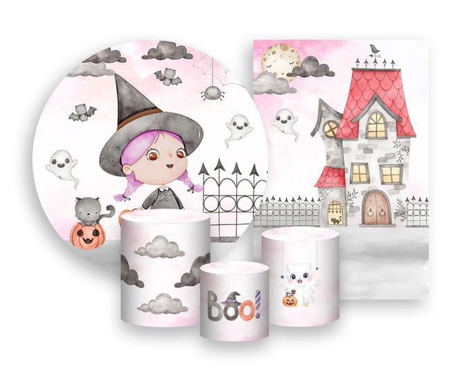 Imagem de Kit 2 Painéis De Festa + Trio De Capas Cilindro - Halloween Bruxinha Rosa 016