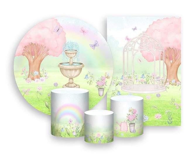 Imagem de Kit 2 Painéis De Festa + Trio De Capas Cilindro - Jardim Encantado Aquarela Rosa e Lilás 014