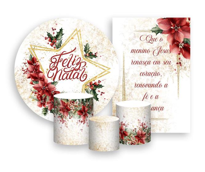 Imagem de Kit 2 Painéis De Festa + Trio De Capas Cilindro - Natal Folhagens Efeito Glitter 005