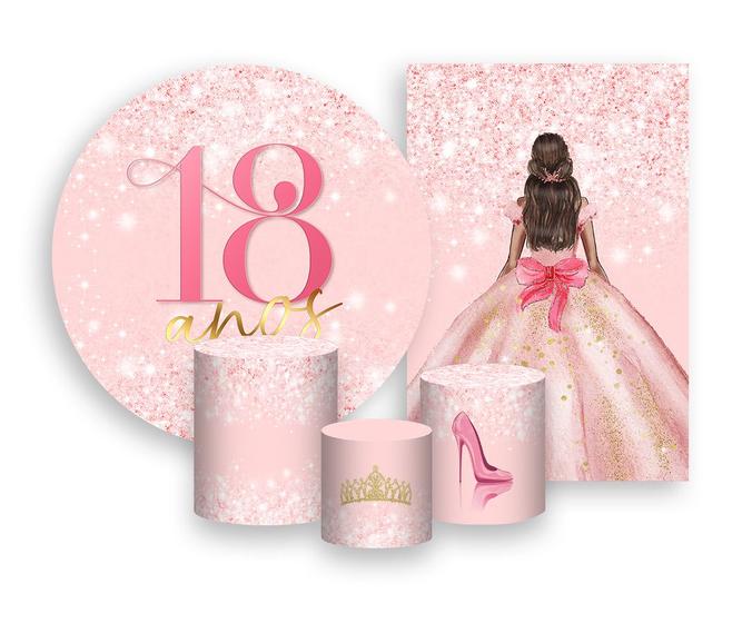 Imagem de Kit 2 Painéis De Festa + Trio De Capas Cilindro - Princesa 18 Anos Efeito Glitter Rosa 072