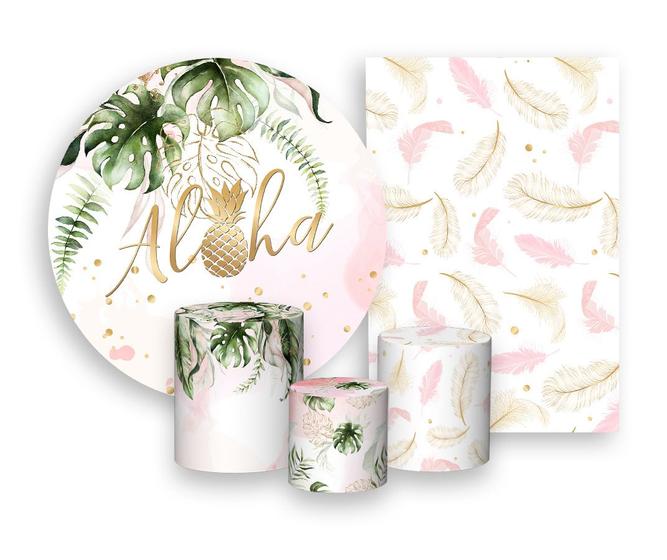 Imagem de Kit 2 Painéis De Festa + Trio De Capas Cilindro - Tropical Aloha Aquarela Rosa 004