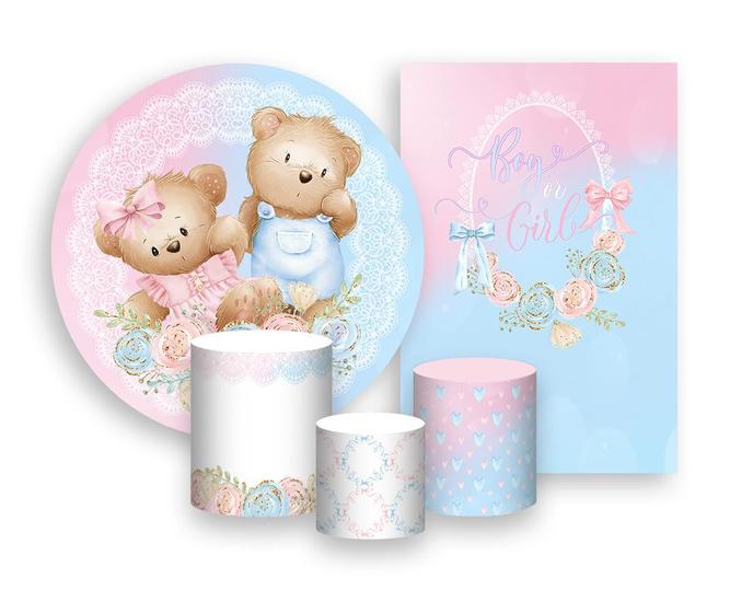 Imagem de Kit 2 Painéis De Festa + Trio De Capas Cilindro - Ursinhos Azul e Rosa com Flores 010