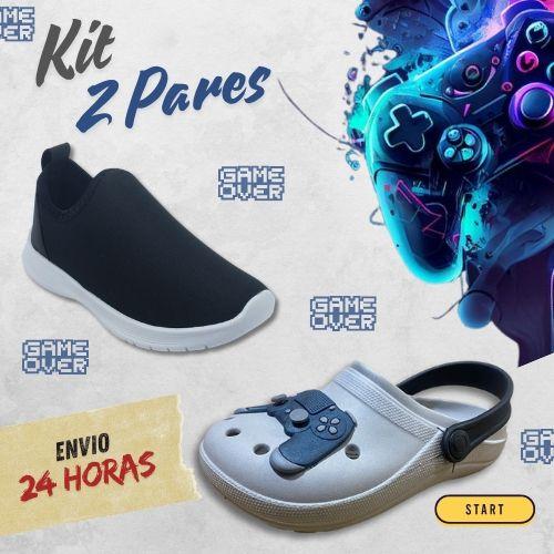 Imagem de Kit 2 Pares Babuche Tênis Calce Fácil Infantil Menino Game Confortável Escolar Macio Volta as Aulas