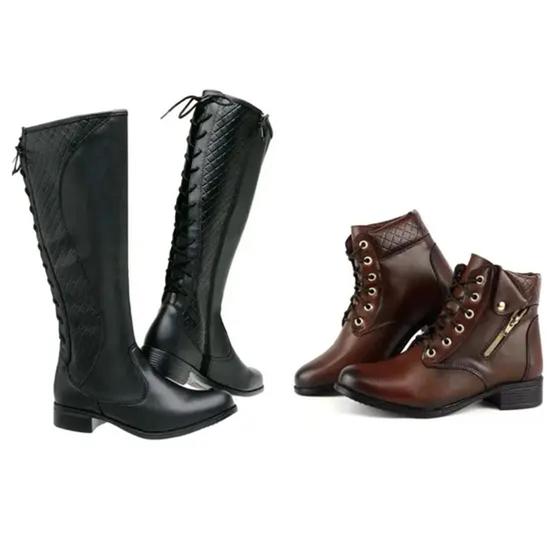 Imagem de Kit 2 Pares Botas Feminina Montaria Cano Longo e cuturno cano baixo