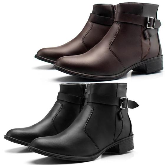 Imagem de Kit 2 Pares Botas Femininas Cano Curto Hencco Detalhes da Moda com Fivela Com Zíper