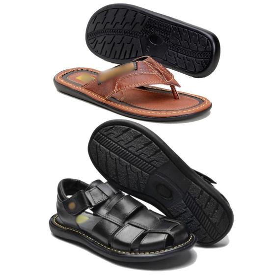 Imagem de Kit 2 pares Chinelo e Sandalia Franciscana Masculino Em Couro Legitimo Leve Macia e Confortavel