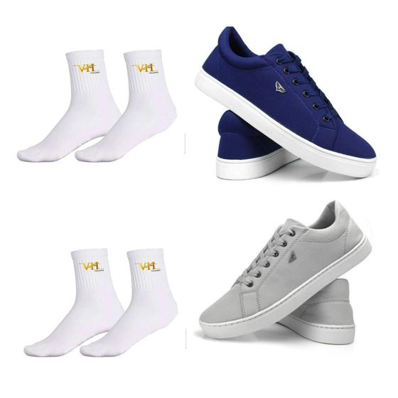 Imagem de Kit 2 Pares de Sapatenis Tenis Masculino Azul  e Cinza +  Pares de Meia VH Calçados