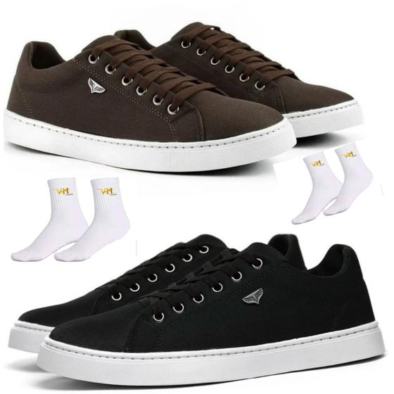 Imagem de Kit 2 Pares de Sapatenis Tenis Masculino com Sola Branca + 2 Pares de Meia VH Calçados