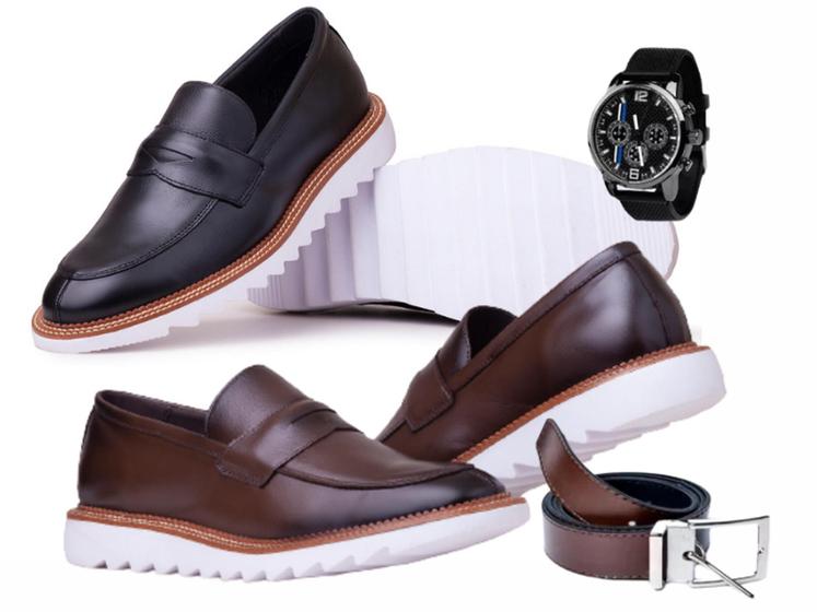 Imagem de Kit 2 pares de Sapato Oxford masculino Loafer Solado Tratorado Esporte Fino de Couro + cinto relógio