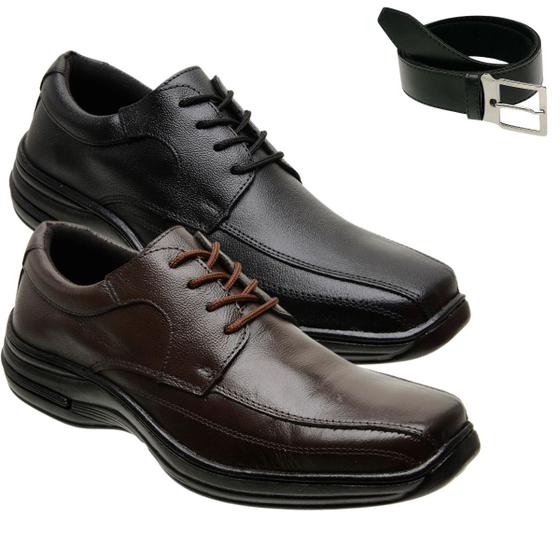 Imagem de Kit 2 Pares De Sapato Social Masculino Couro Anti Stress Ortopédico Conforto + Cinto