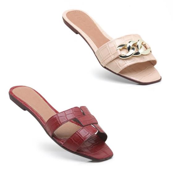 Kit 2 Pares Sandálias Rasteira Feminina Croco Correntes Leve Menor preço em Kit 2 Pares Sandálias Rasteira Feminina Croco Correntes Leve