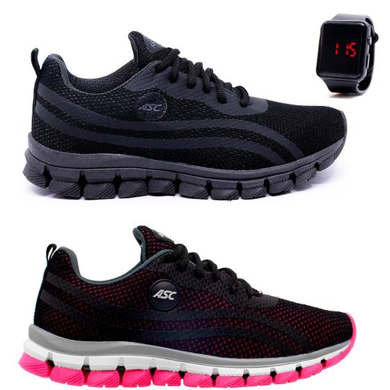 Imagem de Kit 2 Pares Tênis Ascension Lege 21 Feminino Preto e Pink Com Relógio