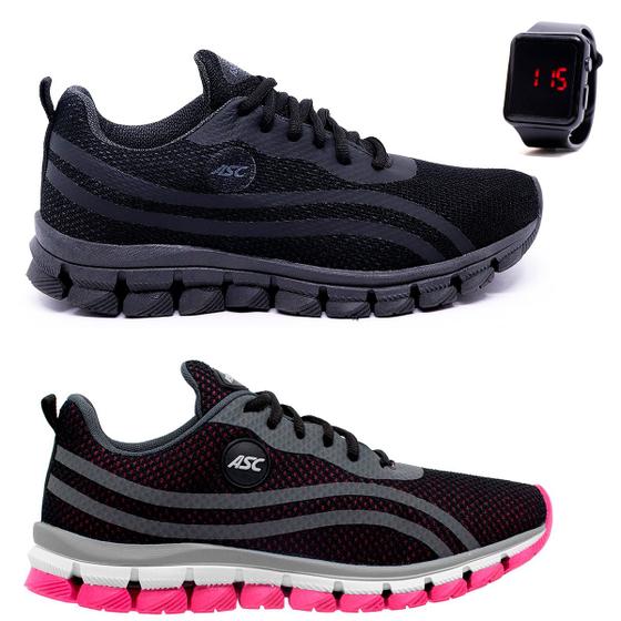 Imagem de Kit 2 Pares Tênis Ascension Lege 21 Feminino Preto e Rosa Com Relógio