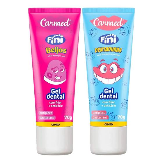 Imagem de Kit 2 Pasta de Dente Fini Beijos Dentadura Creme Dental Gel 70g com Flúor Carmed