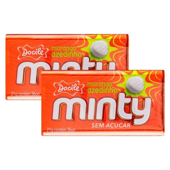 Imagem de Kit 2 Pastilha Docile Minty Morango Azedinho Sem Açúcar Lata 21g com 36 Pastilhas