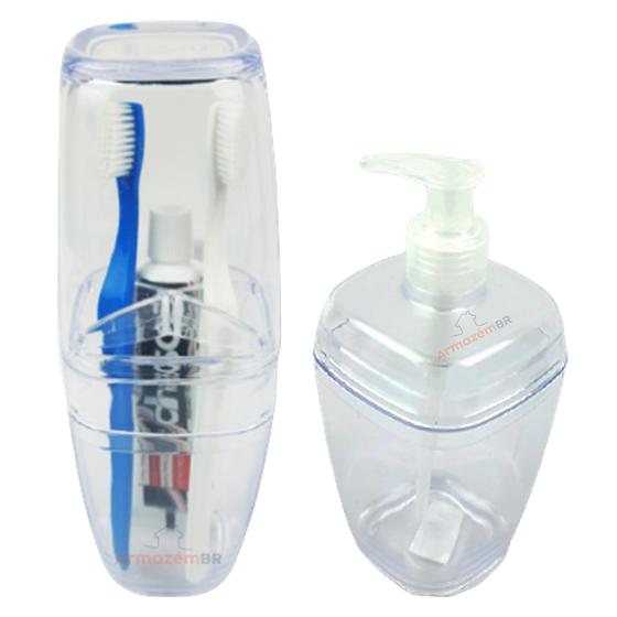 Imagem de Kit 2 Peças Banheiro Dispenser Sabonete 400ml Suporte Escova Dente Banheiro Transparente - AMZ