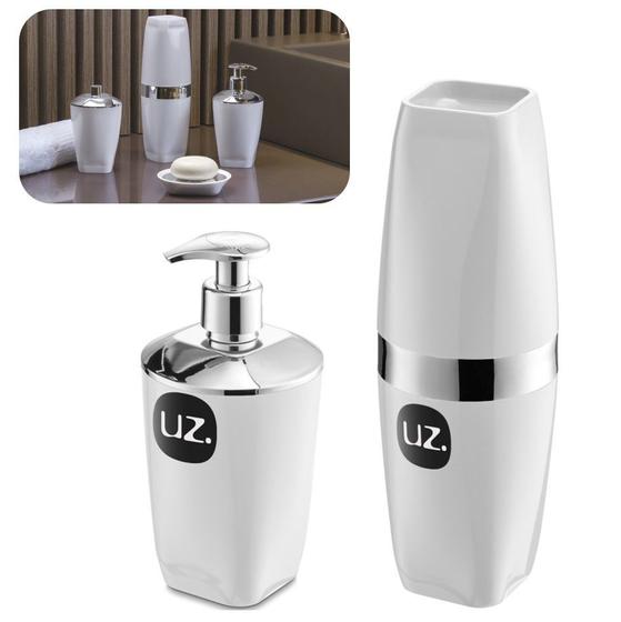 Imagem de Kit 2 Peças Banheiro Suporte Porta Escova + Dispenser Sabonete Cromado - Uz