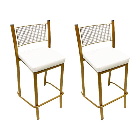 Imagem de Kit 2 Peças Banqueta Média para Bancada Empilhável cor Dourado Fosco assento branco Altura 65cm