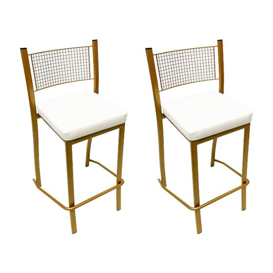 Kit 2 Peças Banqueta Média para Bancada Empilhável cor Dourado Fosco assento branco Altura 65cm Menor preço em Kit 2 Peças Banqueta Média para Bancada Empilhável cor Dourado Fosco assento branco Altura 65cm