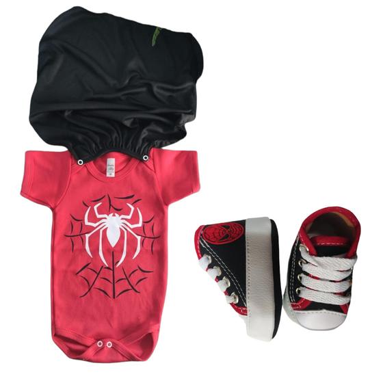 Imagem de Kit 2 Peças Body Com Capa + Tênis Homem Aranha Fantasia Mesversario Menino Bebê