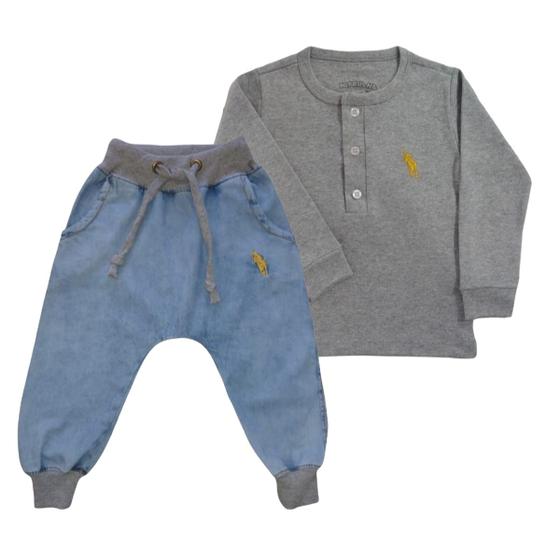Kit 2 Peças Camiseta Manga Longa e Calça Jeans Bordados Menor preço em Kit 2 Peças Camiseta Manga Longa e Calça Jeans Bordados