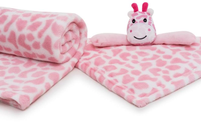 Imagem de Kit 2 Peças Cobertor E Naninha Pelucia Bebê Super Macio Antialérgico Rosa Girafa