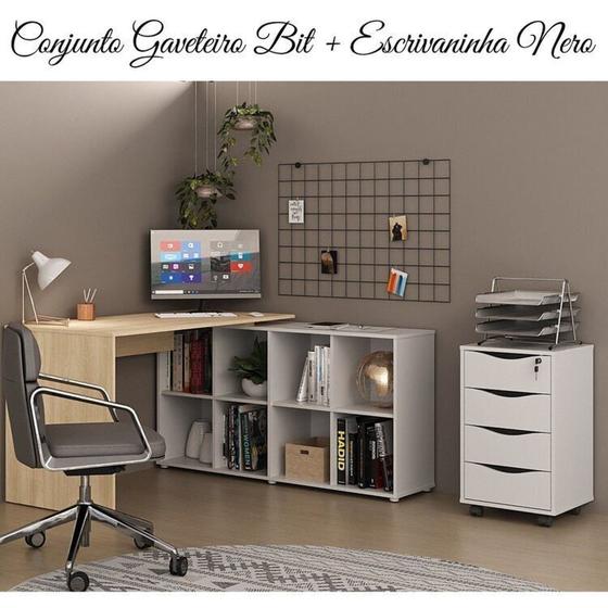 Imagem de Kit 2 Peças com Escrivaninha Nero em L com 8 Nichos e Gaveteiro Bit 4 Gavetas