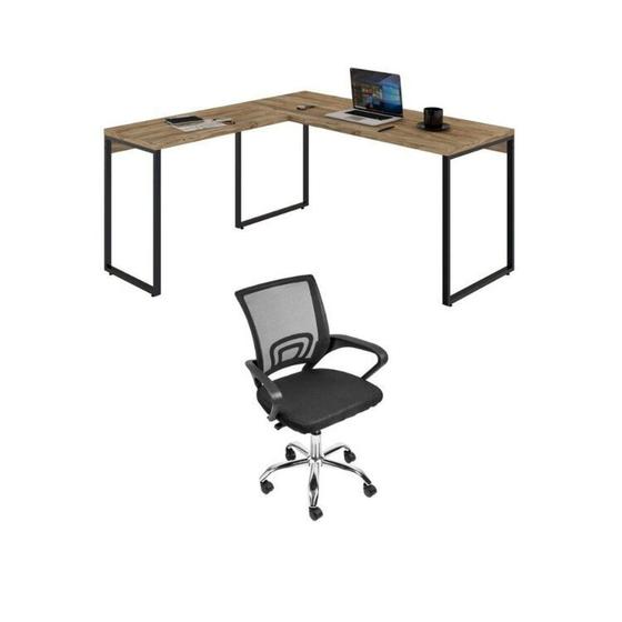 Imagem de Kit 2 Peças com Mesa Escritório em L Industrial 150cm Kuadra e Cadeira de Escritório Diretor Santiago