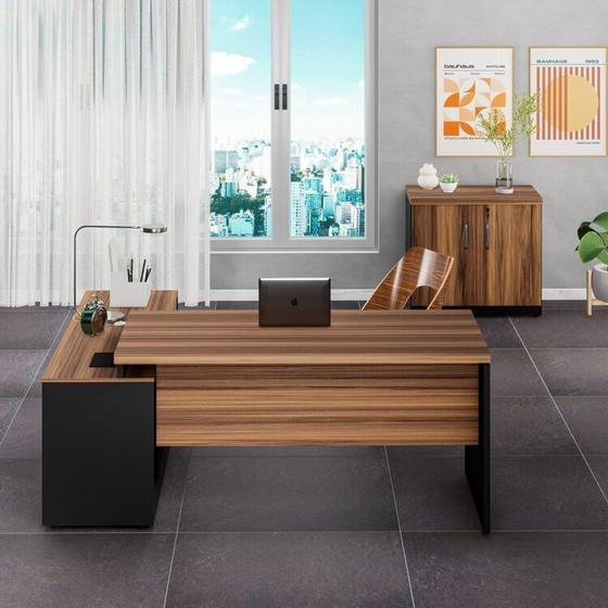 Imagem de Kit 2 Peças com Mesa Escritório em L150x150cm e Armário Multiuso Baixo com Chave