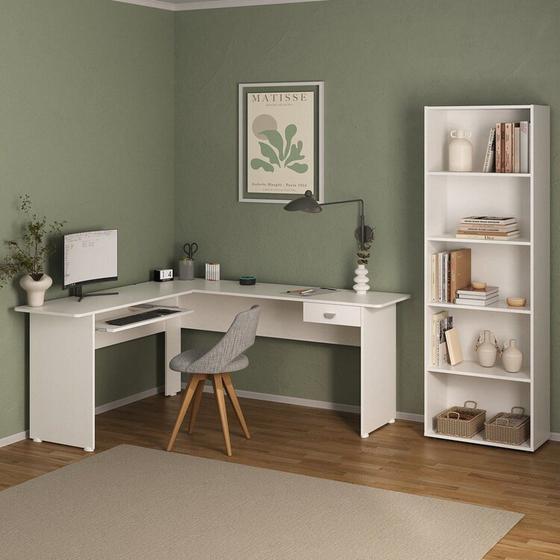 Imagem de Kit 2 Peças com Mesa para Escritório em L 1 Gaveta e Estante para Livros 5 Prateleiras