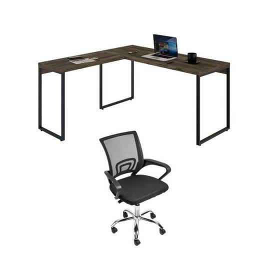 Imagem de Kit 2 Peças com Mesa para Escritorio em L Industrial 150cm Kuadra e Cadeira de Escritório Diretor Tok