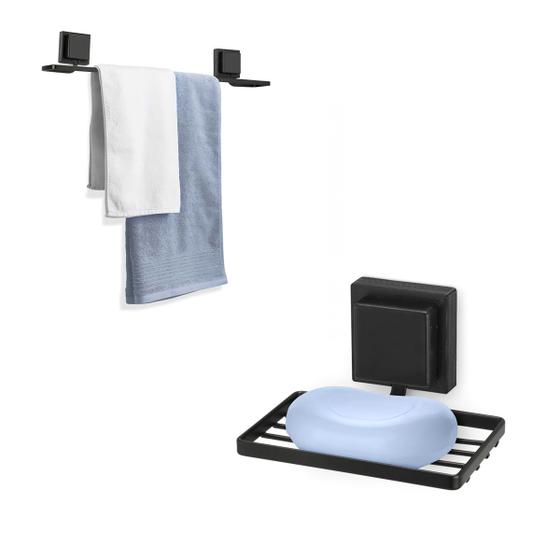 Imagem de Kit 2  Peças e Acessórios para Lavabo Banheiro  com Saboneteira e Porta toalhas Preto