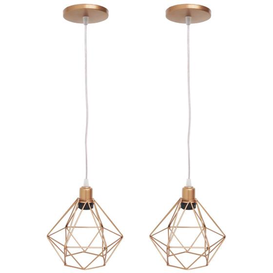 Imagem de Kit 2 Pendente Aramado Diamante Luminárias Lustre Cabo Cristal Teto Retrô Cobre Rose Gold AgpIlumini